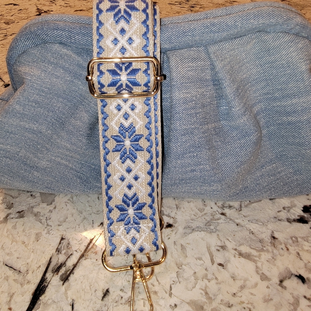 Blue and Tan Patterned Strap with denim clutch bag